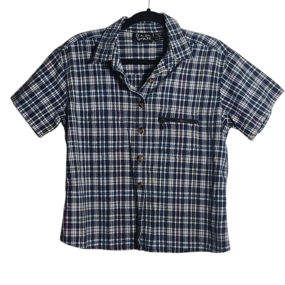 LEMON GRASS Short Sleeve Flannel Multi Color Casual Button Down Shirt Size Large